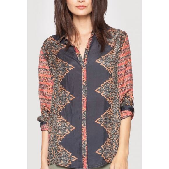Johnny Was Bree Basic Silk Shirt Womens M Signature Print Blouse Relaxed Fit - Picture 1 of 10